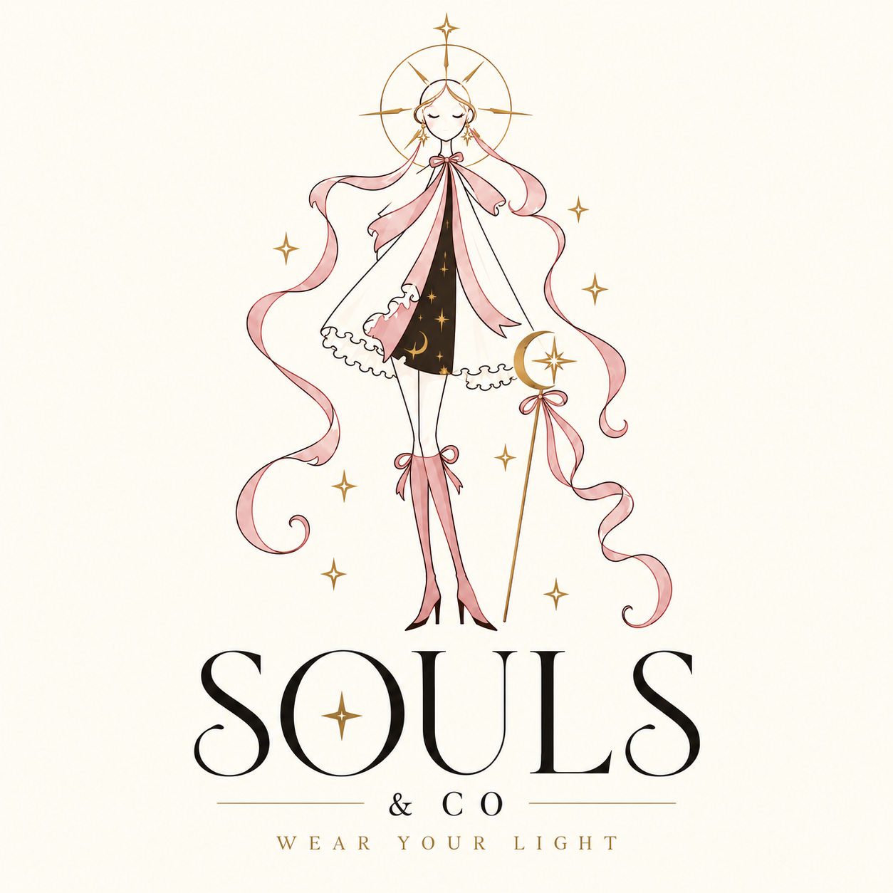هوية Souls & Co برسمة أنثوية وأشرطة وردية ونجوم ذهبية